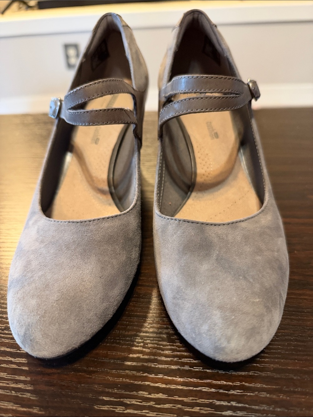 Clarks Gray Suede Mary Jane Flats with Strap
